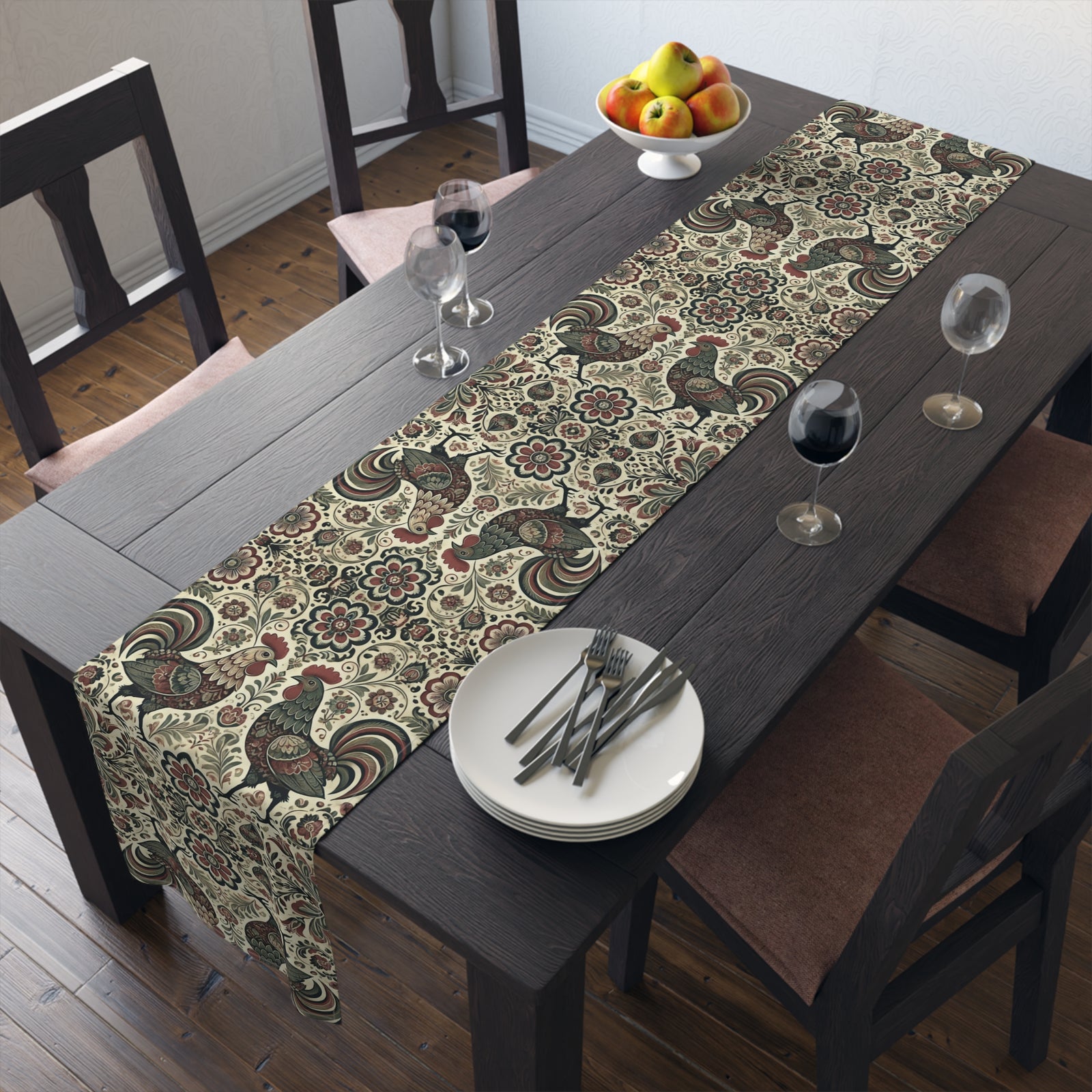 Retro Themed Polish Wycinanki Rooster Floral Table Runner
