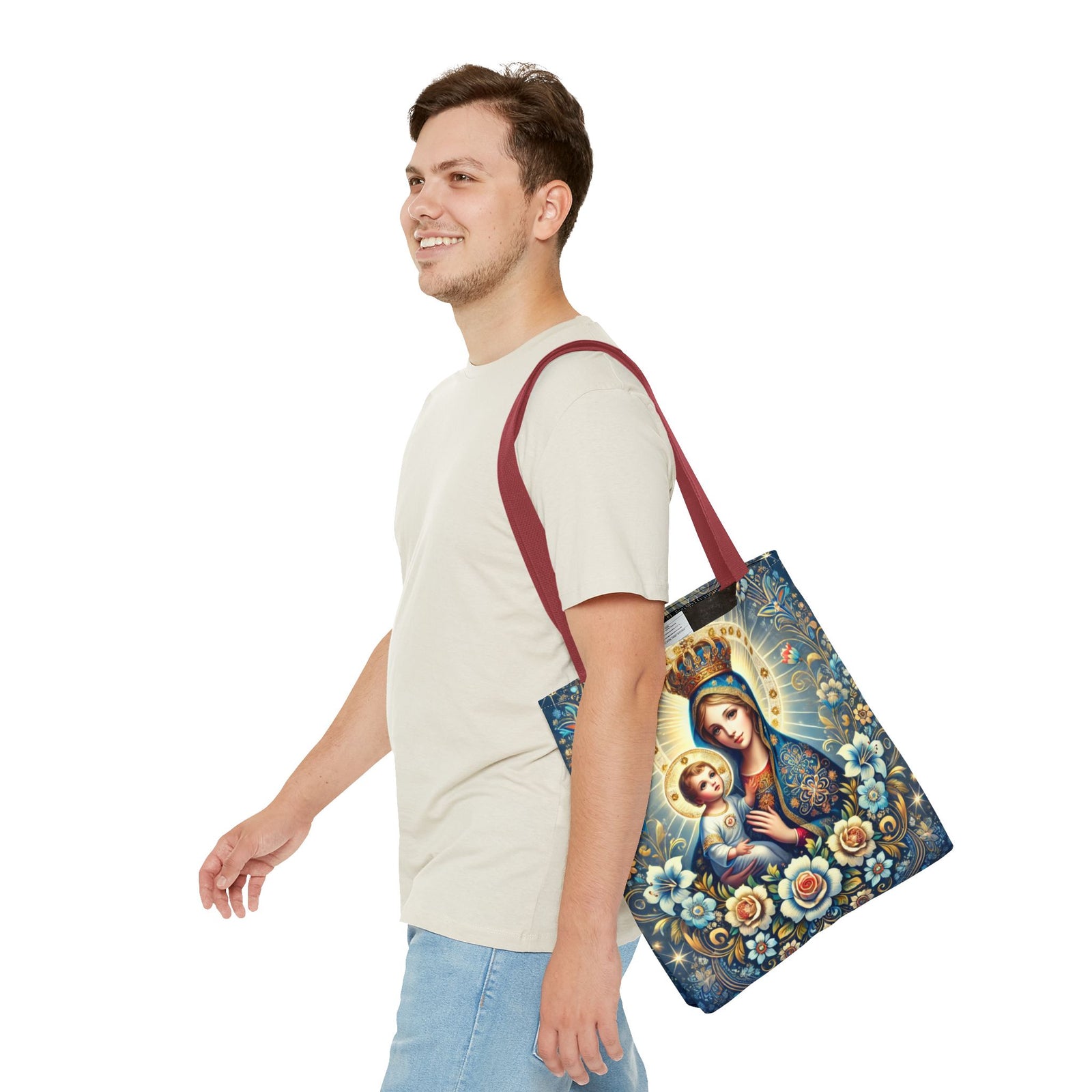 Virgin Mary Baby Jesus Floral Folk Art Tote Bag