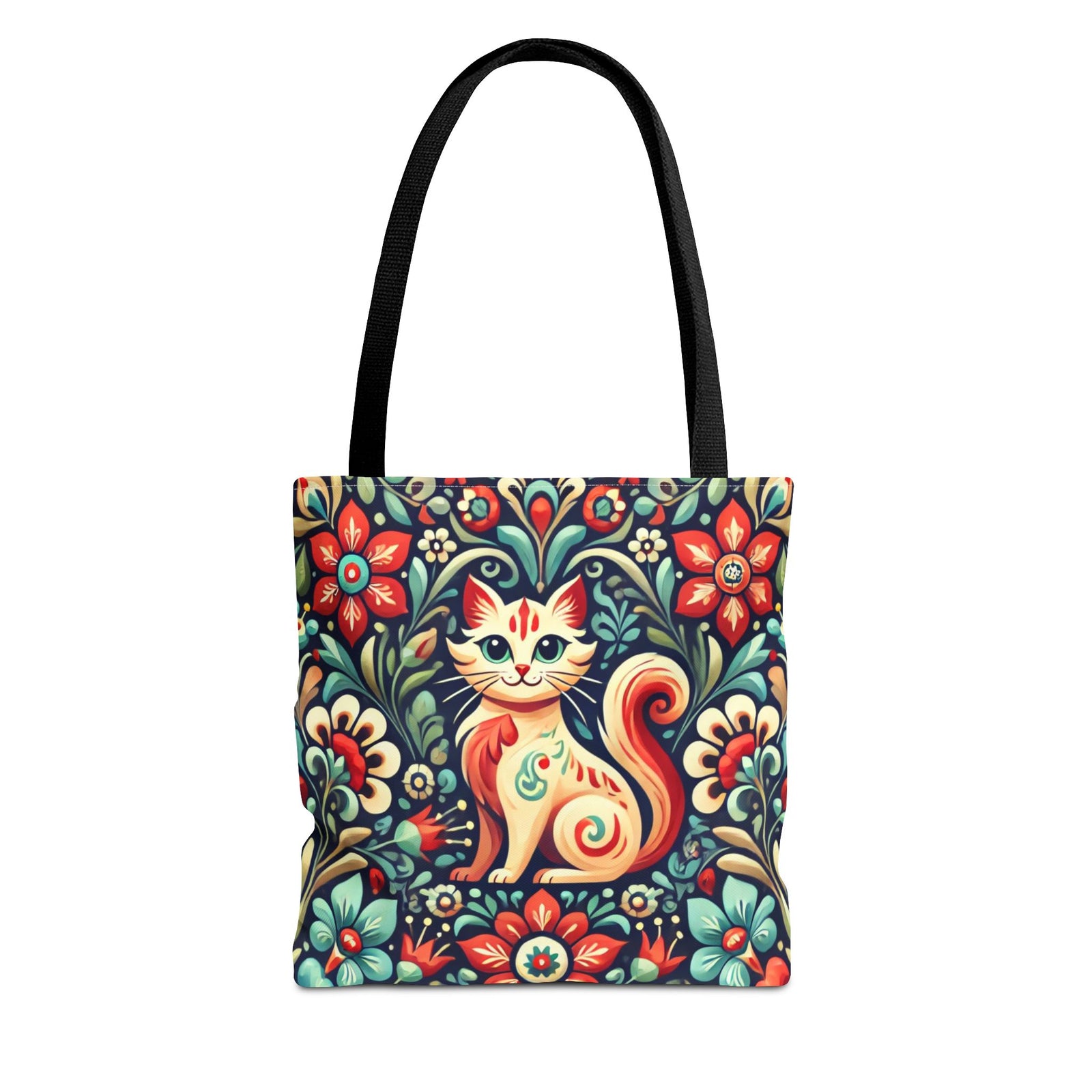 The Orange Cat Folk Art Tote Bag features a stylized orange cat with decorative swirls amid red, teal, and cream flowers on a black background. This all-over print polyester tote has sturdy black handles.