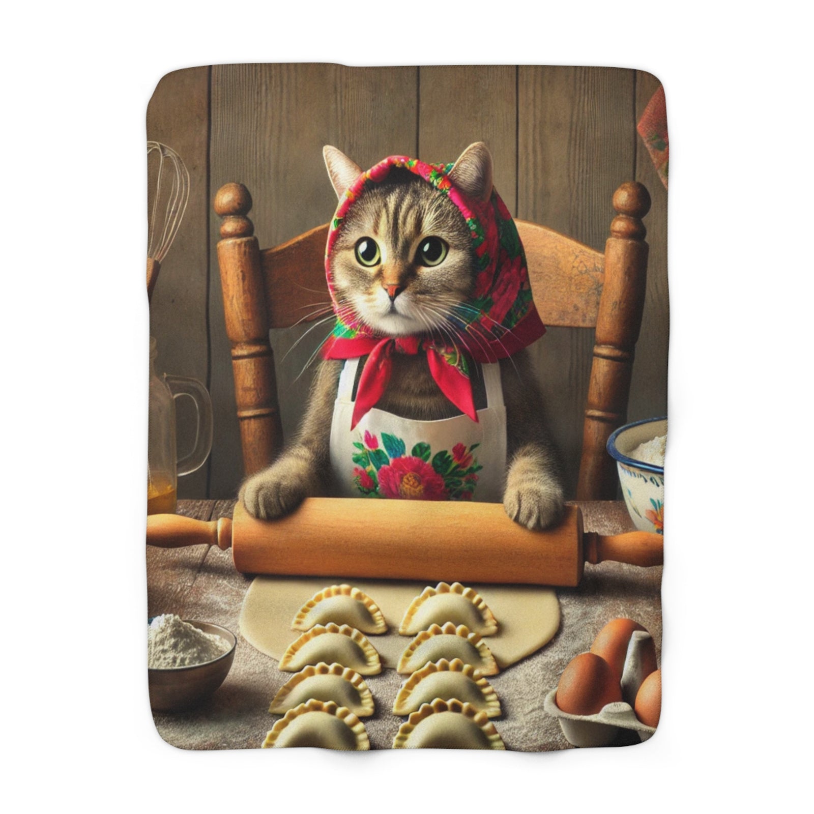 A cat dons a floral scarf and apron, sits with a rolling pin at a table surrounded by raw dumplings, eggs, flour, and the Cozy Cat-Themed Sherpa Fleece Blanket for Cat Lovers, creating an extra homey cooking scene.