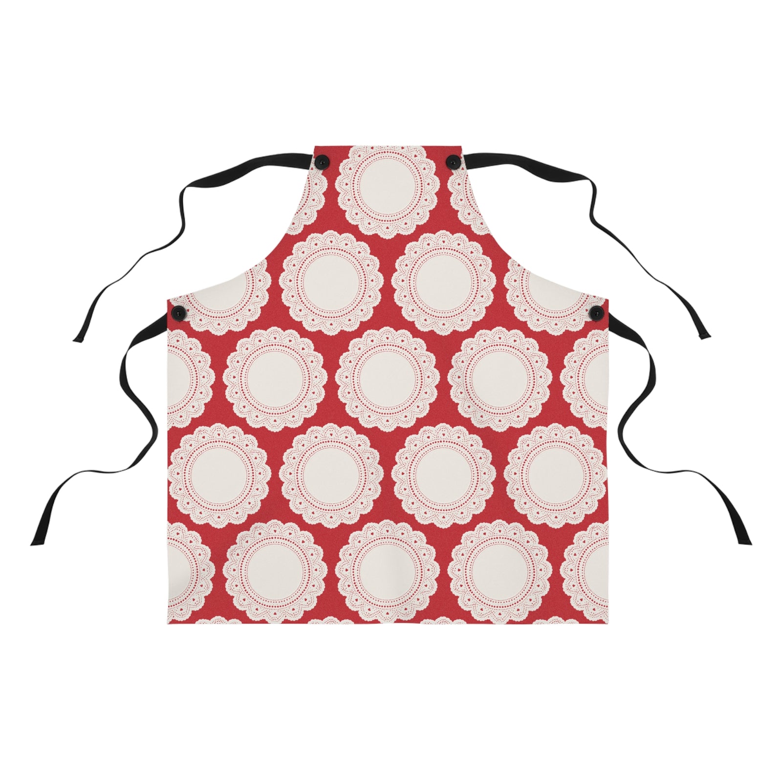 The Lace Doily Pattern Poly Twill Apron is red, showcasing a repeating white doily motif with scalloped edges and black adjustable neck and waist ties.