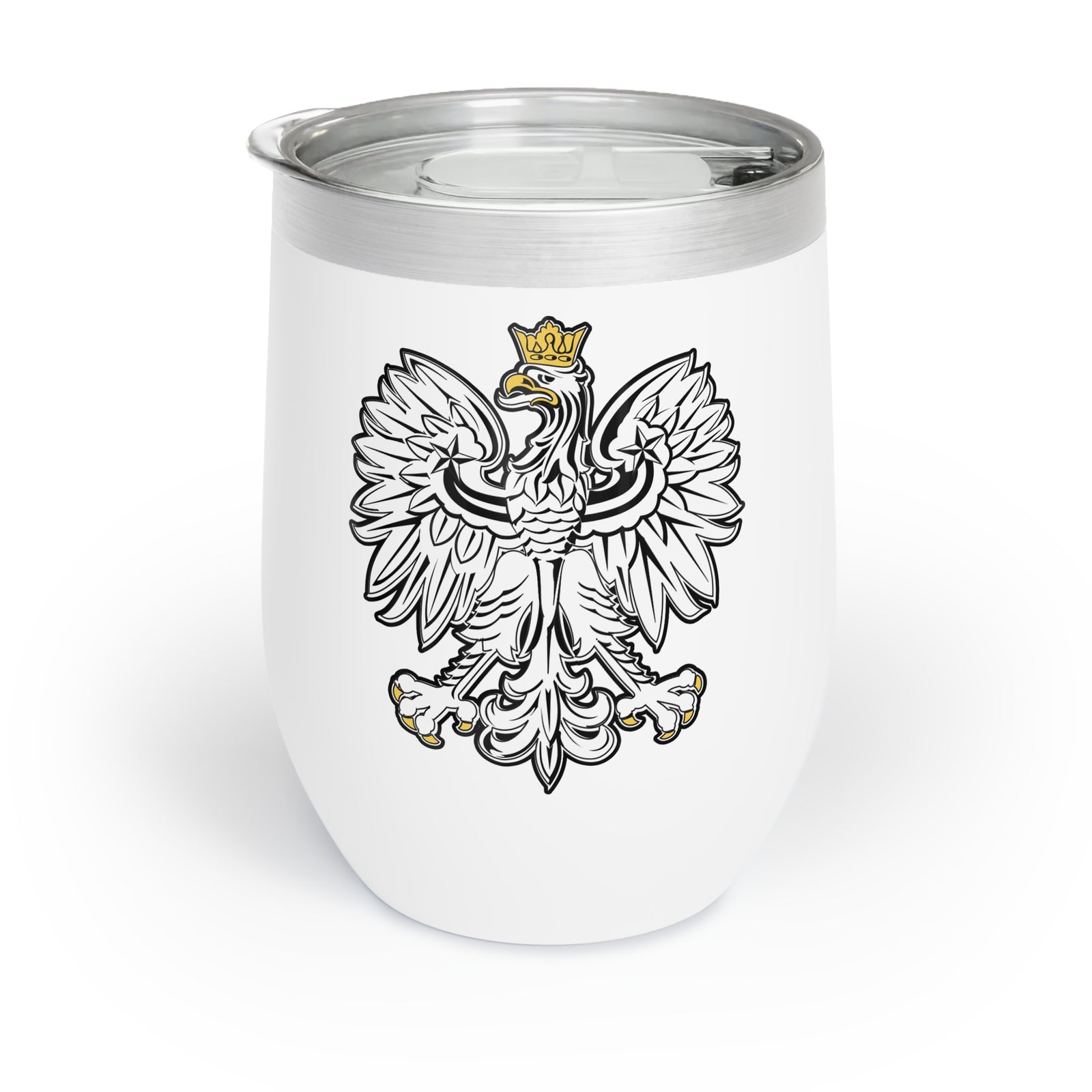 The Polish Eagle Wine Tumbler is a white insulated tumbler with a black and white eagle design, highlighted by gold crown, beak, and talons. It features a silver rim, clear lid, and is perfect for stylish wine enjoyment.