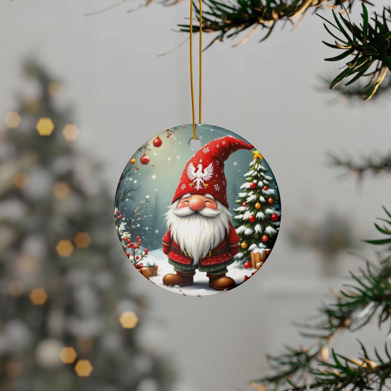The Polish Gnome Christmas Ornament features a round design with a cute gnome in a red hat among snowy, decorated trees and festive ornaments—perfect holiday decor to hang from your tree and brighten your home.