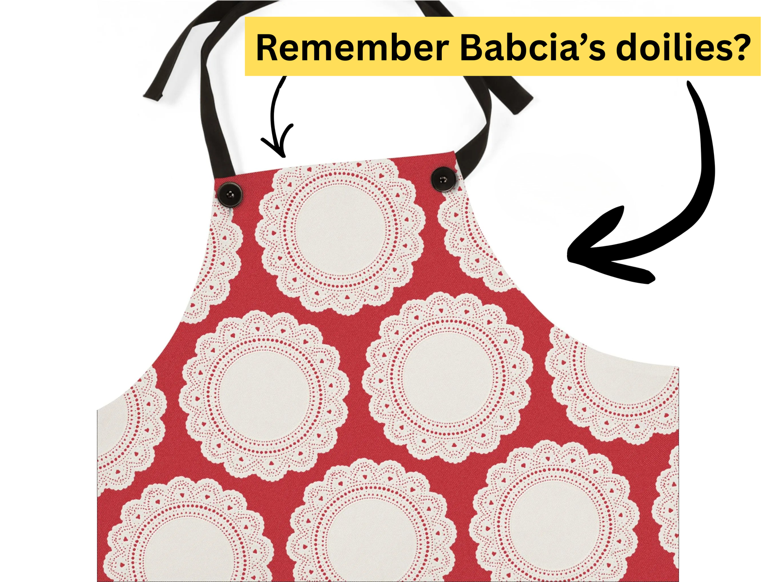 The Lace Doily Pattern Poly Twill Apron features white lace doily designs and black straps, inspired by Slavic kitchen decor. Caption above: "Remember Babcia’s doilies?" in a yellow box.