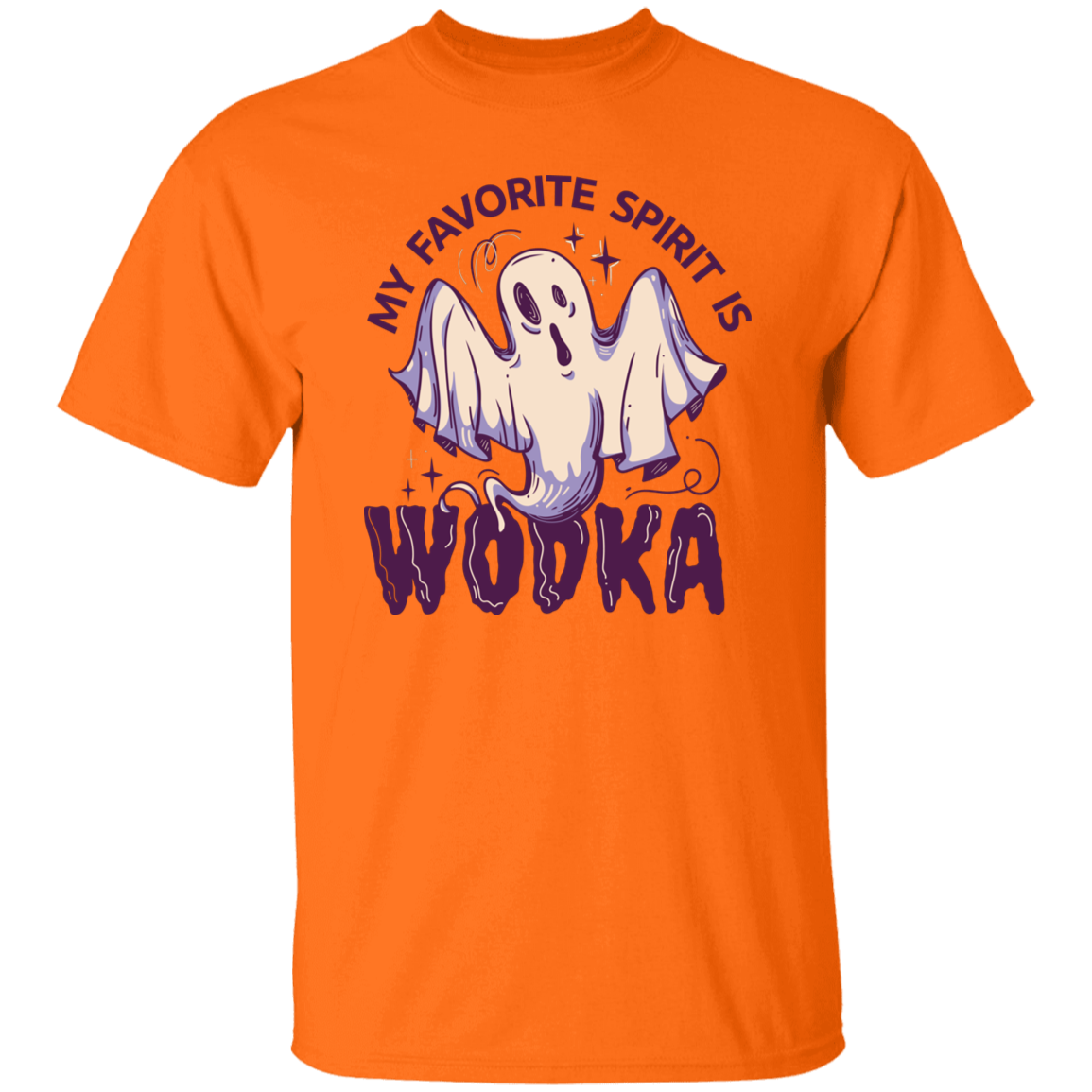 The "My Favorite Spirit is Wodka" t-shirt in Safety Orange features a cartoon ghost with sparkles and the slogan in bold purple letters, blending Halloween vibes with humor.