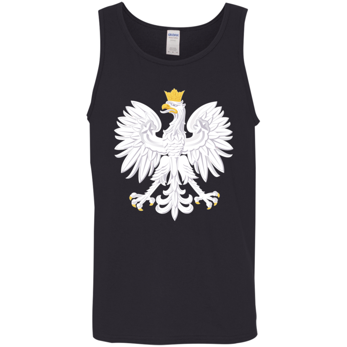 Showcase your heritage with the Polish Eagle Men's Tank Top. This black tank features the iconic white Polish Eagle, complete with golden beak, talons, and crown—boldly printed on the front in tribute to the national emblem.