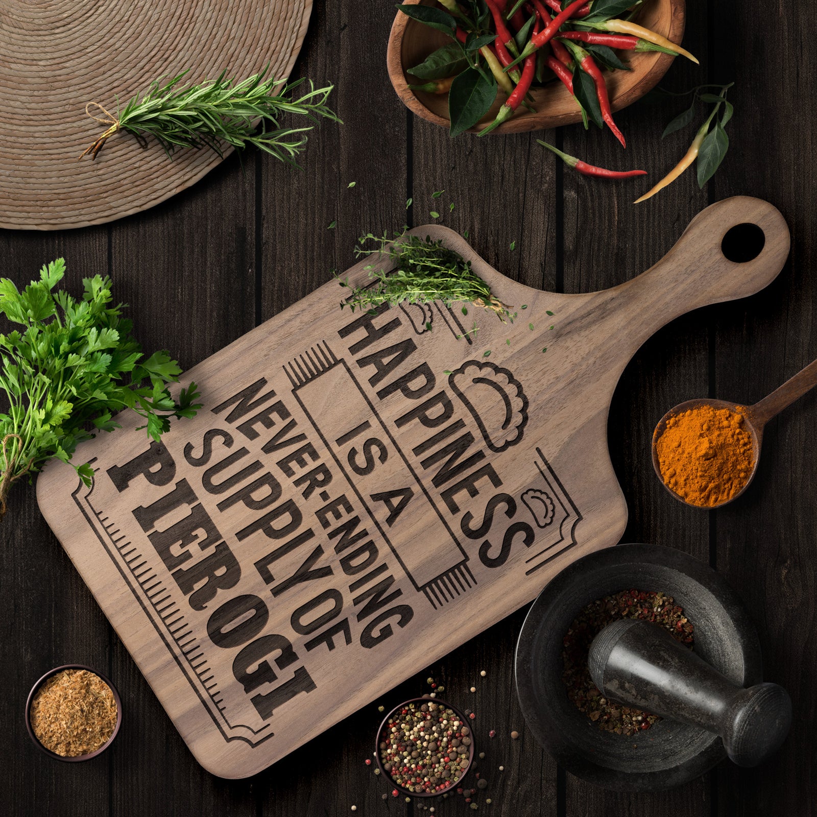 Happiness Is A Never Ending Supply Of Pierogi Hardwood Paddle Cutting Board Kitchenware teelaunch