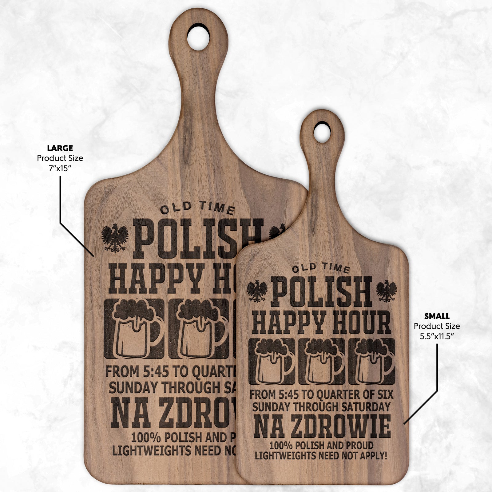 Old Time Polish Happy Hour Hardwood Paddle Cutting Board Kitchenware teelaunch Small Walnut