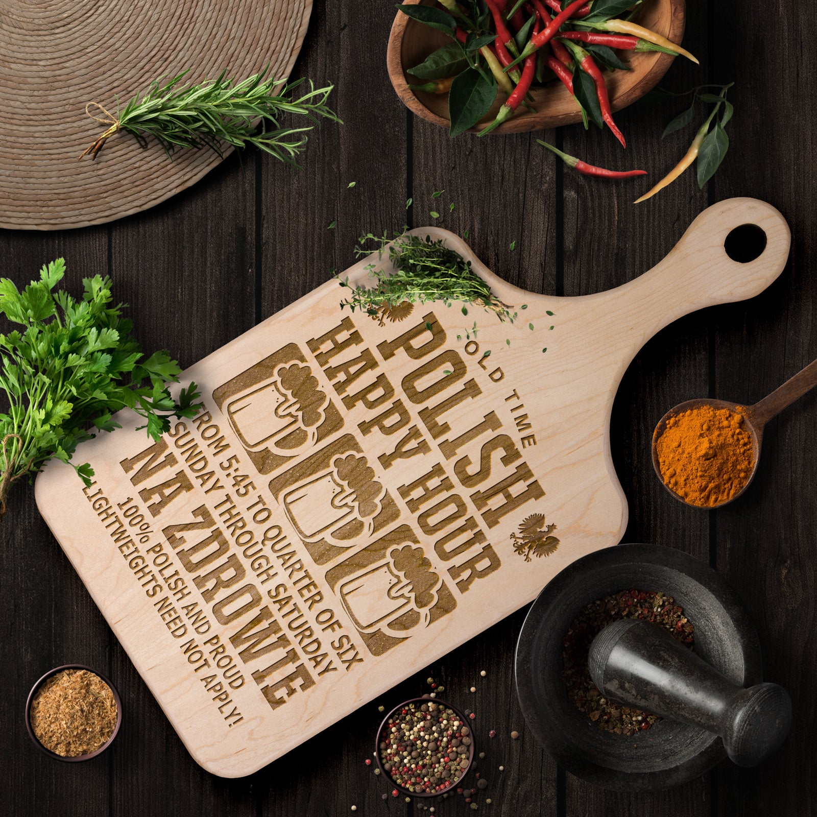 Old Time Polish Happy Hour Hardwood Paddle Cutting Board Kitchenware teelaunch