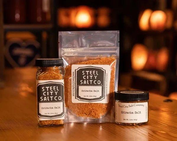Three containers of Sriracha Salt—a glass jar, a plastic pouch, and a small round jar—are displayed on a wooden surface against a warm, blurred background. This hand-crafted seasoning is perfect as cocktail rim salt.