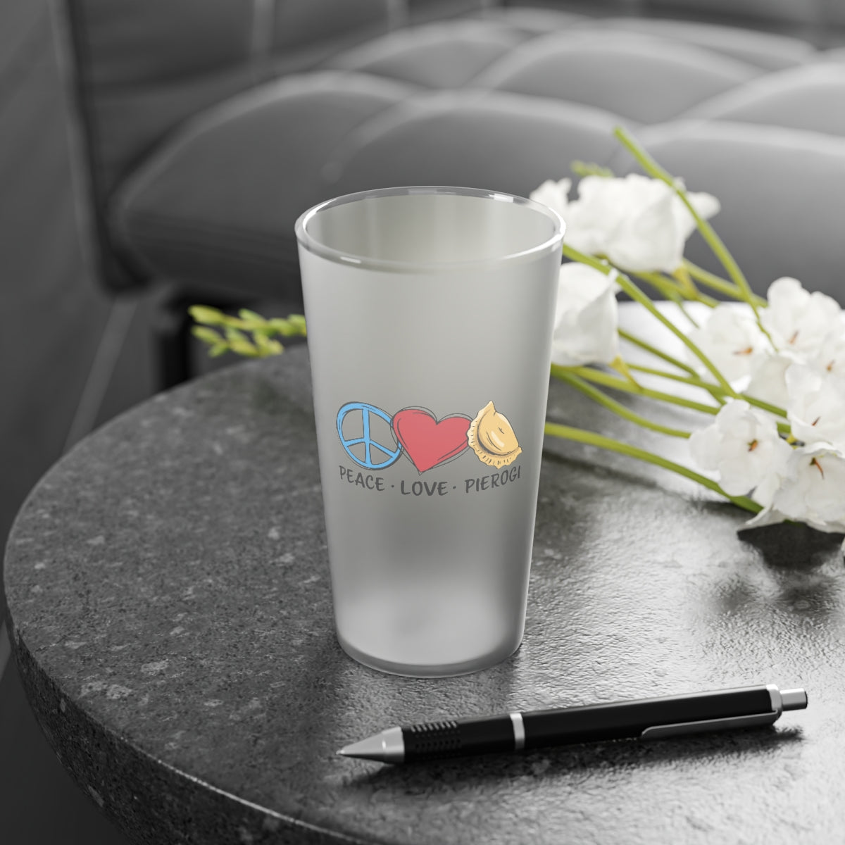 Peace Love Pierogi Frosted Pint Glass, 16oz Mug Printify