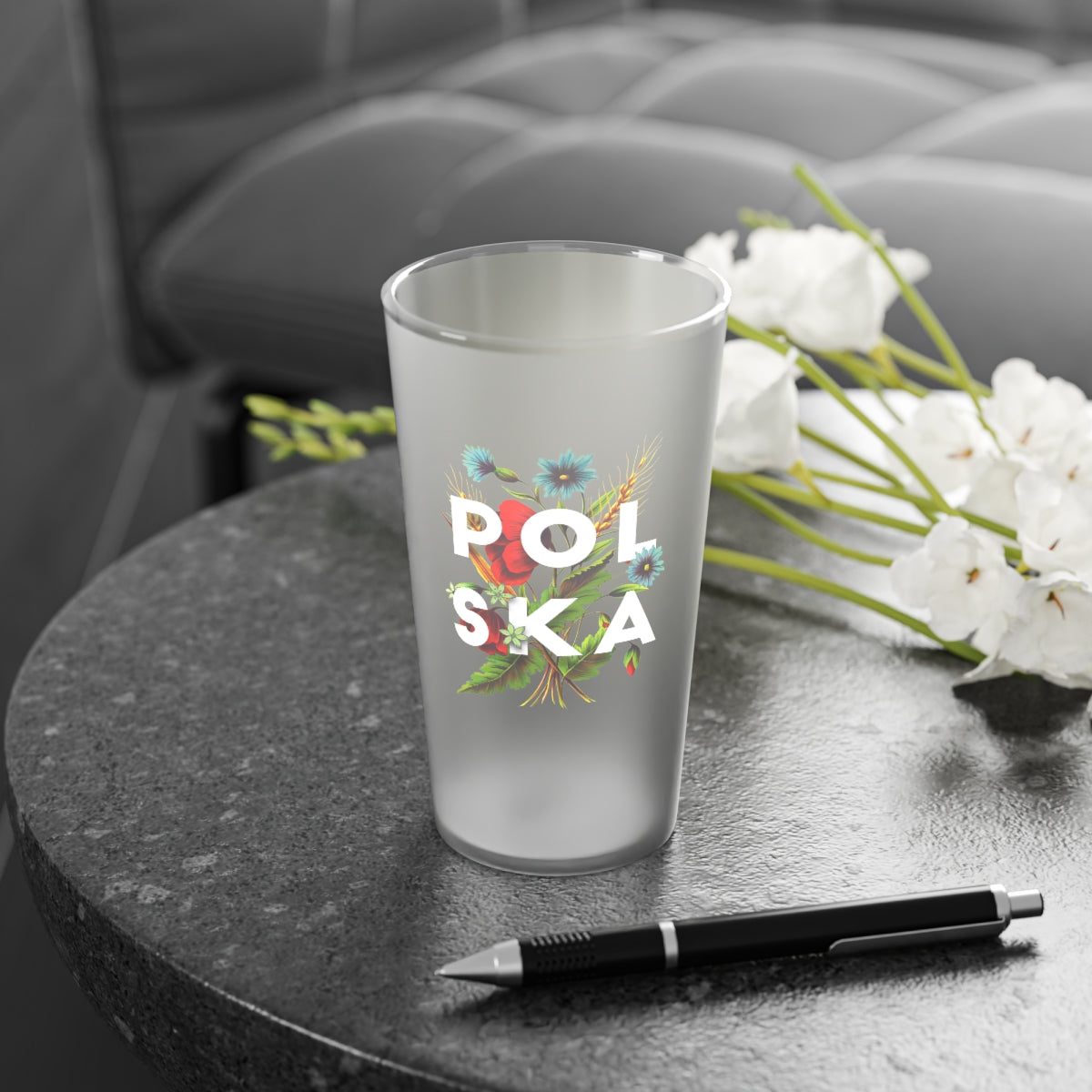 Polish Flowers Frosted Pint Glass, 16oz Mug Printify