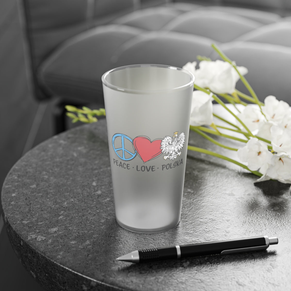 Peace Love Polska Frosted Pint Glass, 16oz Mug Printify
