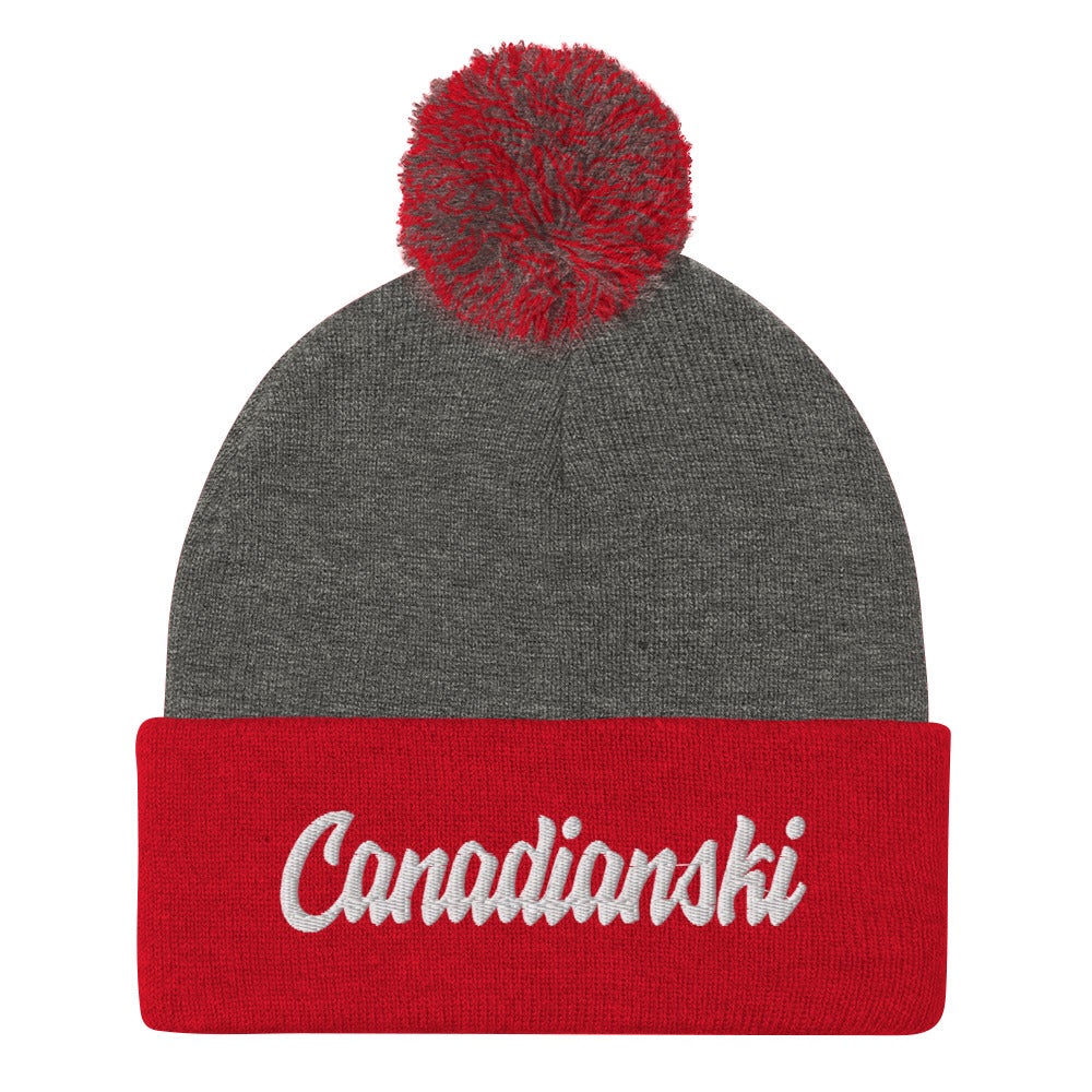 Canadianski Pom-Pom Beanie  Polish Shirt Store Dark Heather Grey/ Red