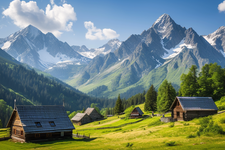  picturesque alpine landscape with snow-capped peaks, lush valleys, wooden cabins