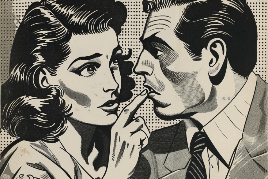 Women holding finger over mans mouth as if to stop him from saying no 