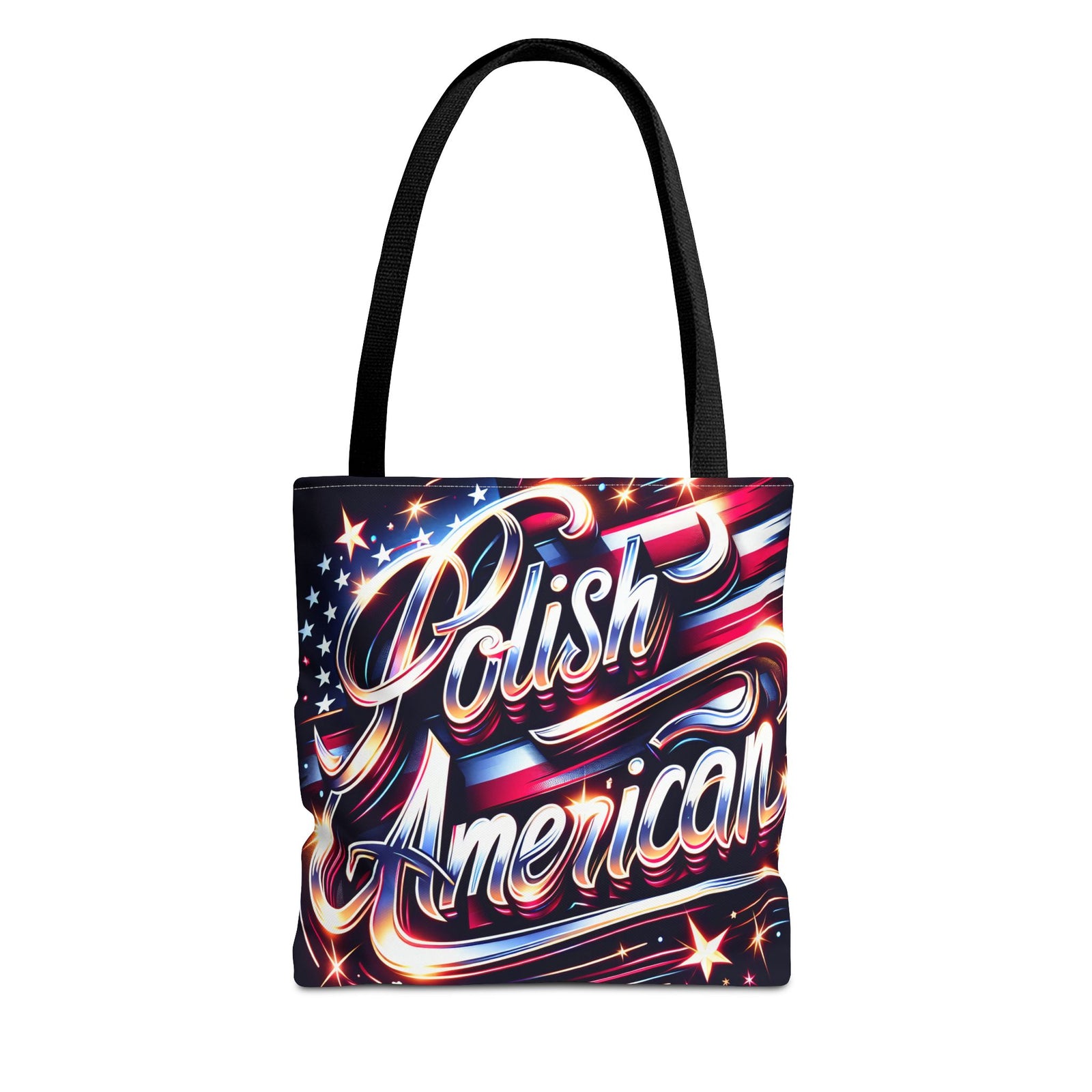 The Polish American Patriotic Tote Bag - USA Flag Shoulder Bag for Independence Day features “Polish American” in bold script over stars and stripes. Made of durable polyester with sturdy black handles. Color: Black.