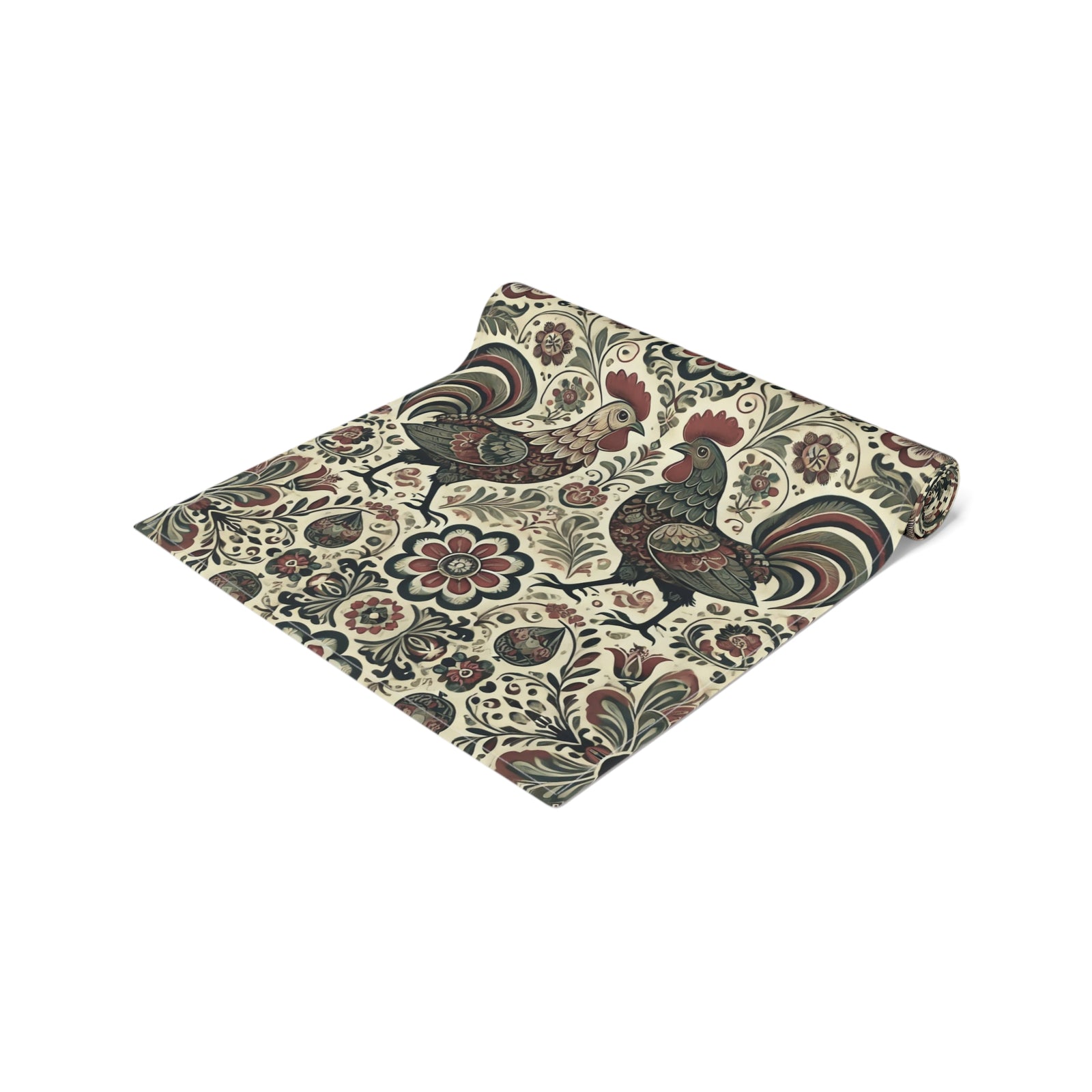 Retro Themed Polish Wycinanki Rooster Floral Table Runner