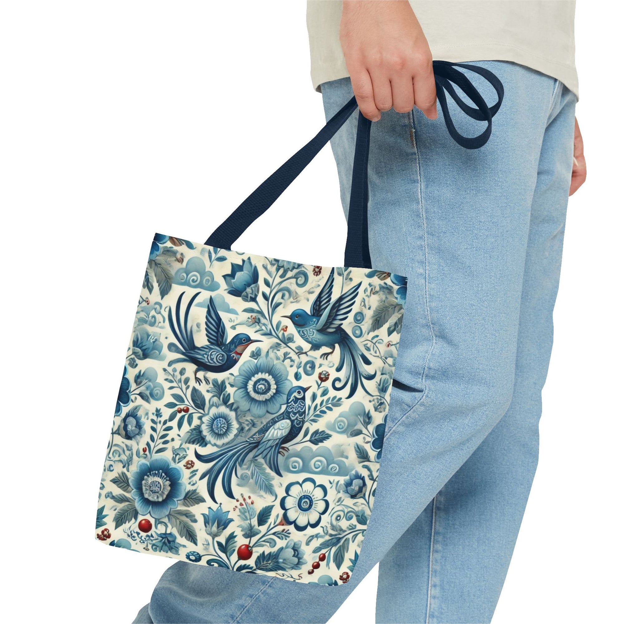 Polish Folk Art Floral & Birds Vibrant Blue Tote Bag (AOP)