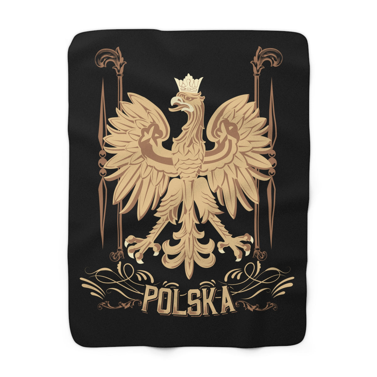 The Polska Eagle Sherpa Fleece Blanket features a golden crowned eagle with outstretched wings and spears above &quot;POLSKA,&quot; all in an ornate, symmetrical design that stands out beautifully on the plush black fleece.
