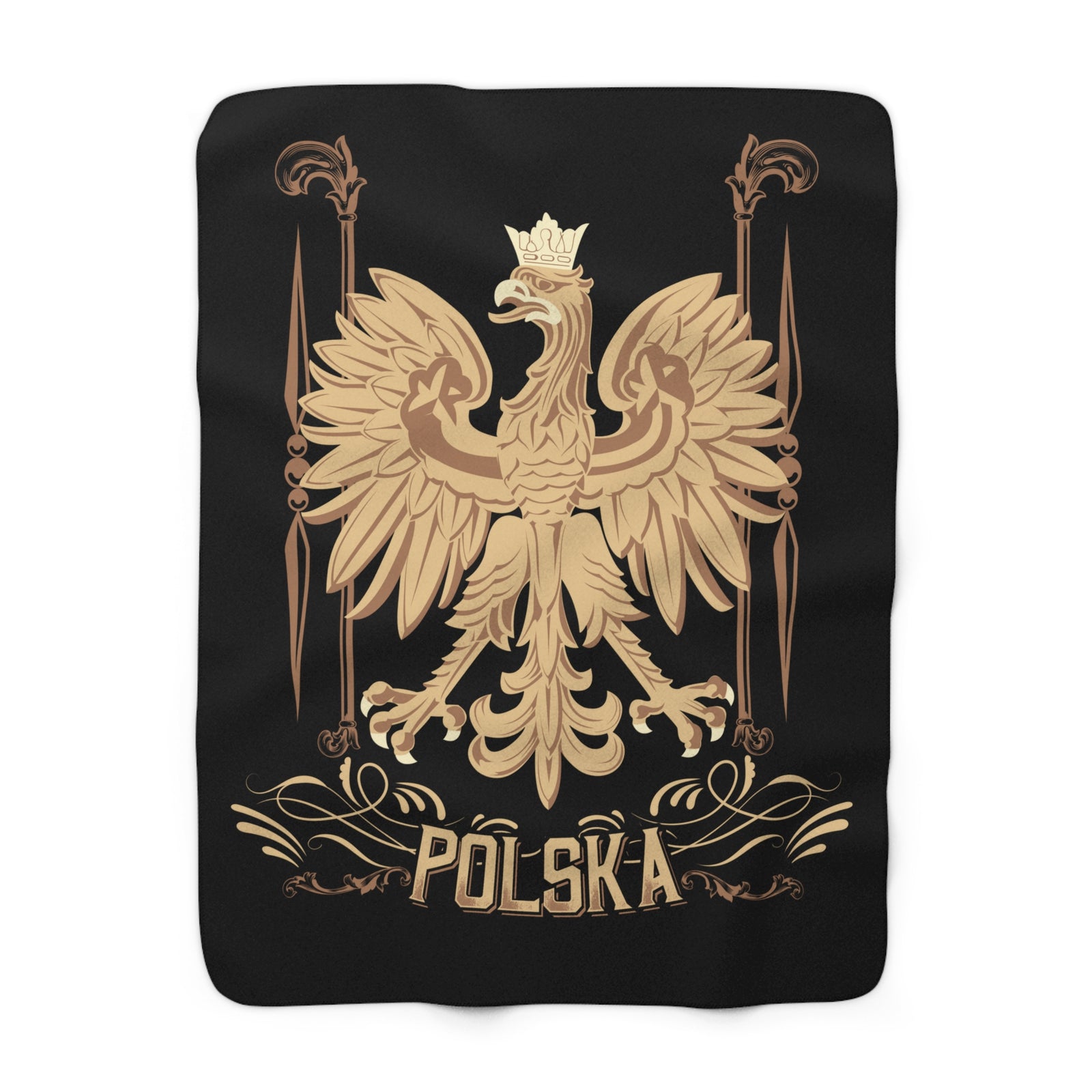 The Polska Eagle Sherpa Fleece Blanket features a golden crowned eagle with outstretched wings and spears above "POLSKA," all in an ornate, symmetrical design that stands out beautifully on the plush black fleece.