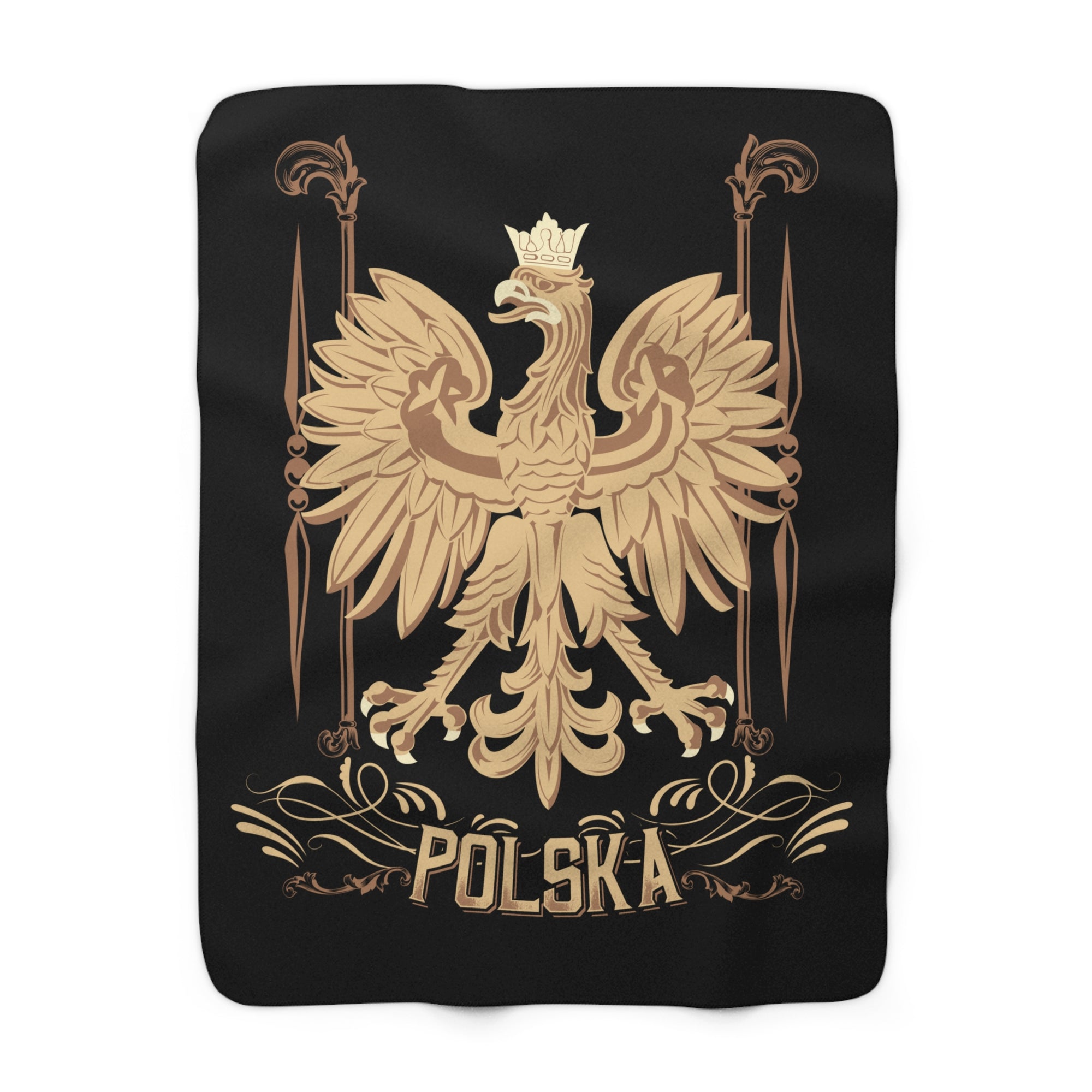 The Polska Eagle Sherpa Fleece Blanket features a golden crowned eagle with outstretched wings and spears above "POLSKA," all in an ornate, symmetrical design that stands out beautifully on the plush black fleece.