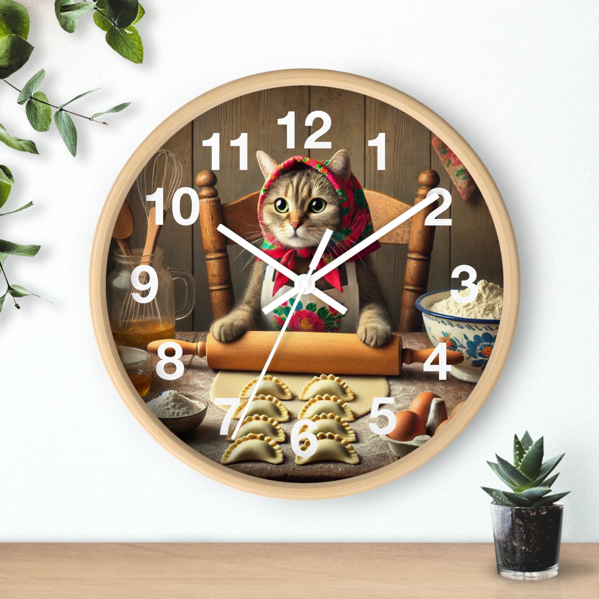 Babushka Cat Making Pierogi Wall Clock