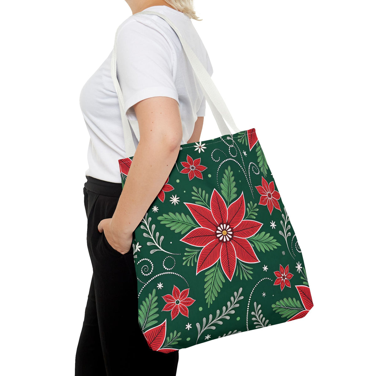 Christmas Poinsettia Folk Art Tote Bag