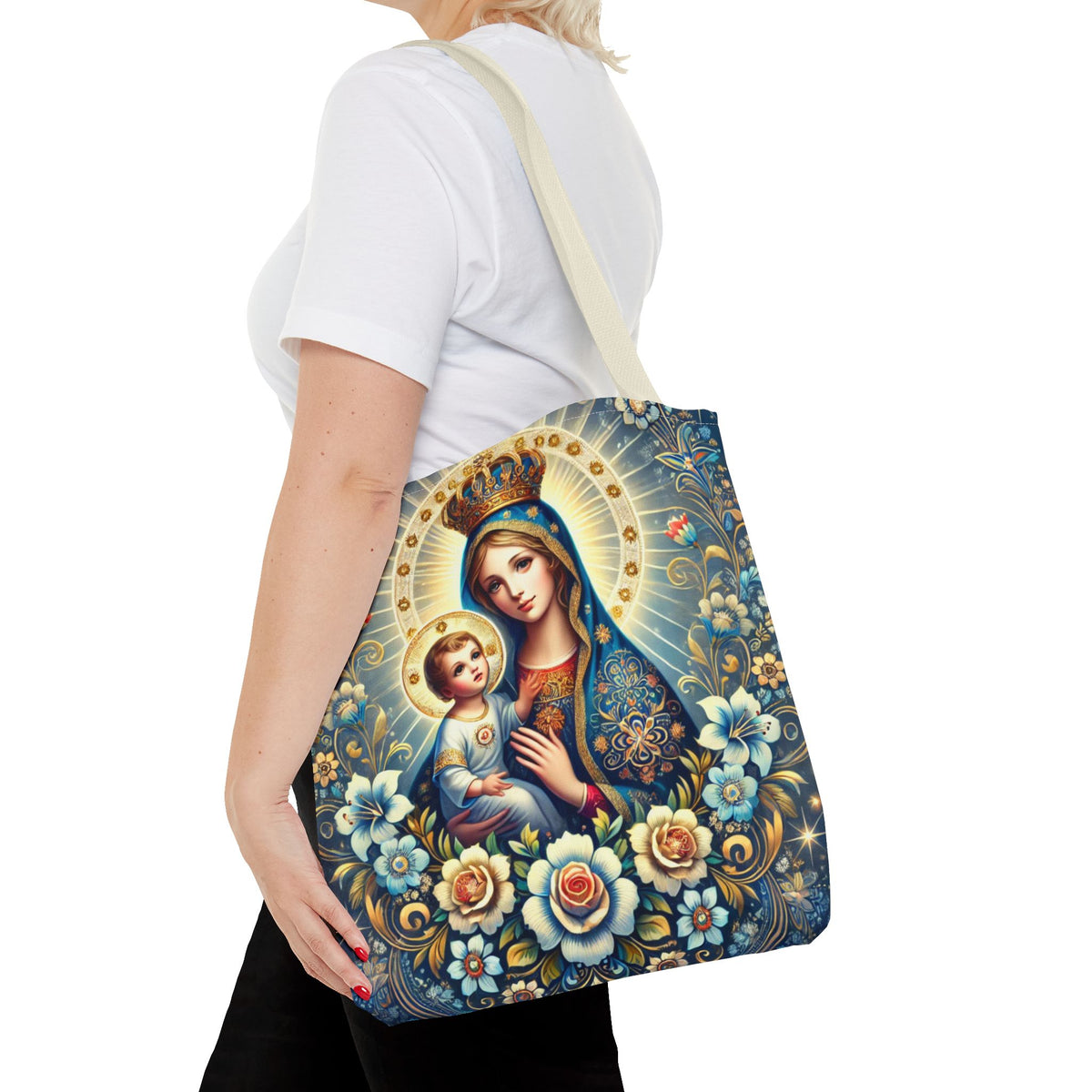 Virgin Mary Baby Jesus Floral Folk Art Tote Bag