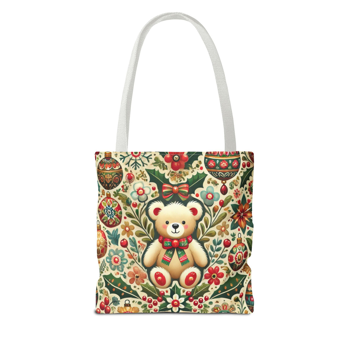 Festive Teddy Bear Folk Art Christmas Holiday Tote Bag