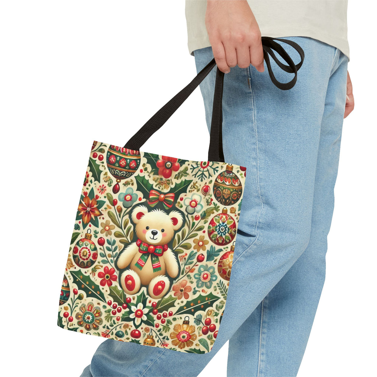 Festive Teddy Bear Folk Art Christmas Holiday Tote Bag