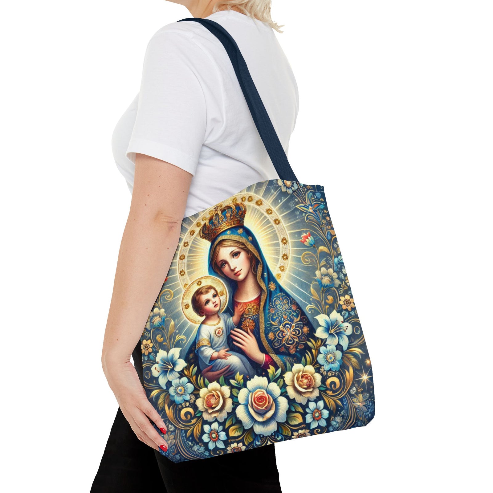 Virgin Mary Baby Jesus Floral Folk Art Tote Bag