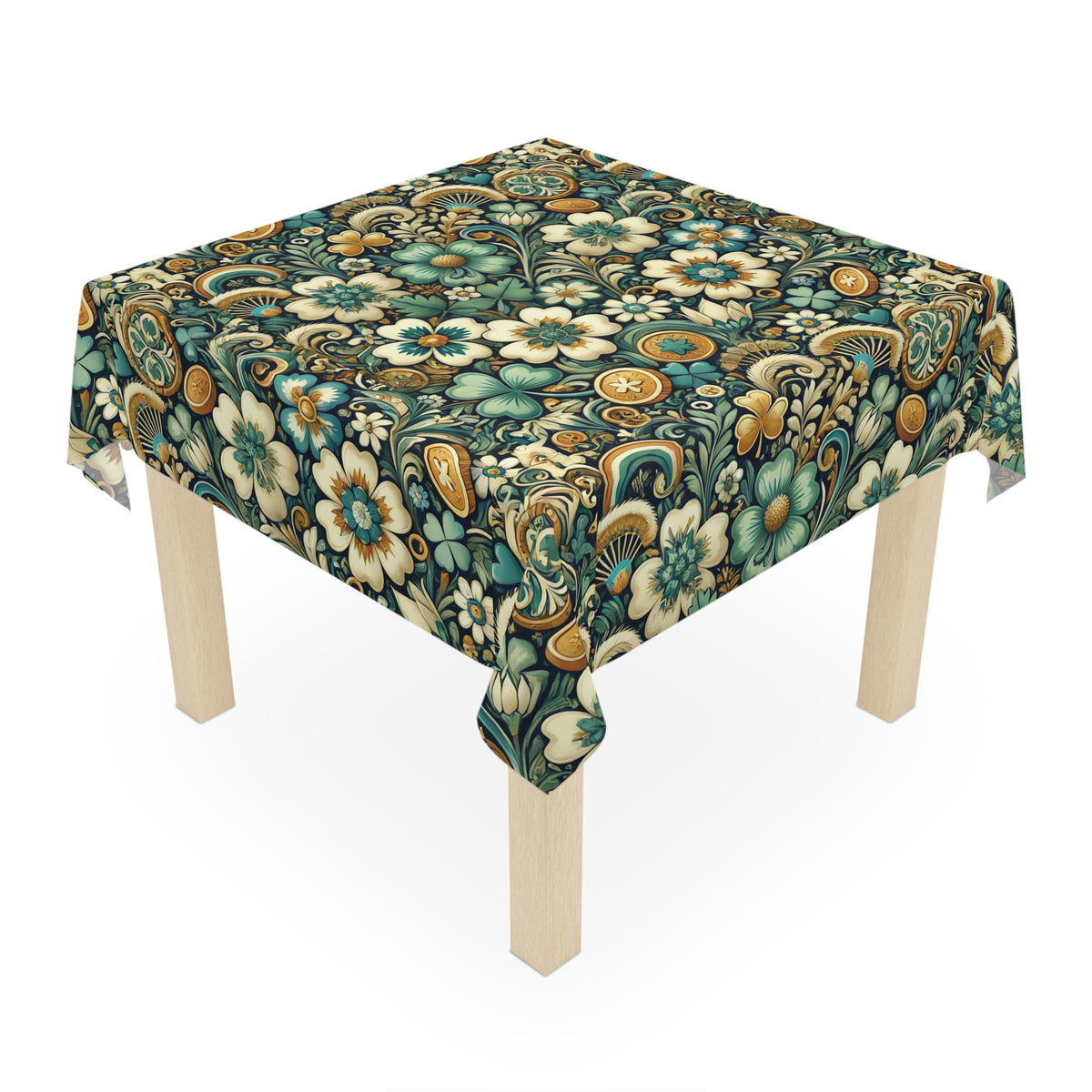 A white Floral Tablecloth with a vibrant floral design in teal, gold, cream, and brown covers a square table with light wooden legs—perfect for adding festive charm to your holiday decor.
