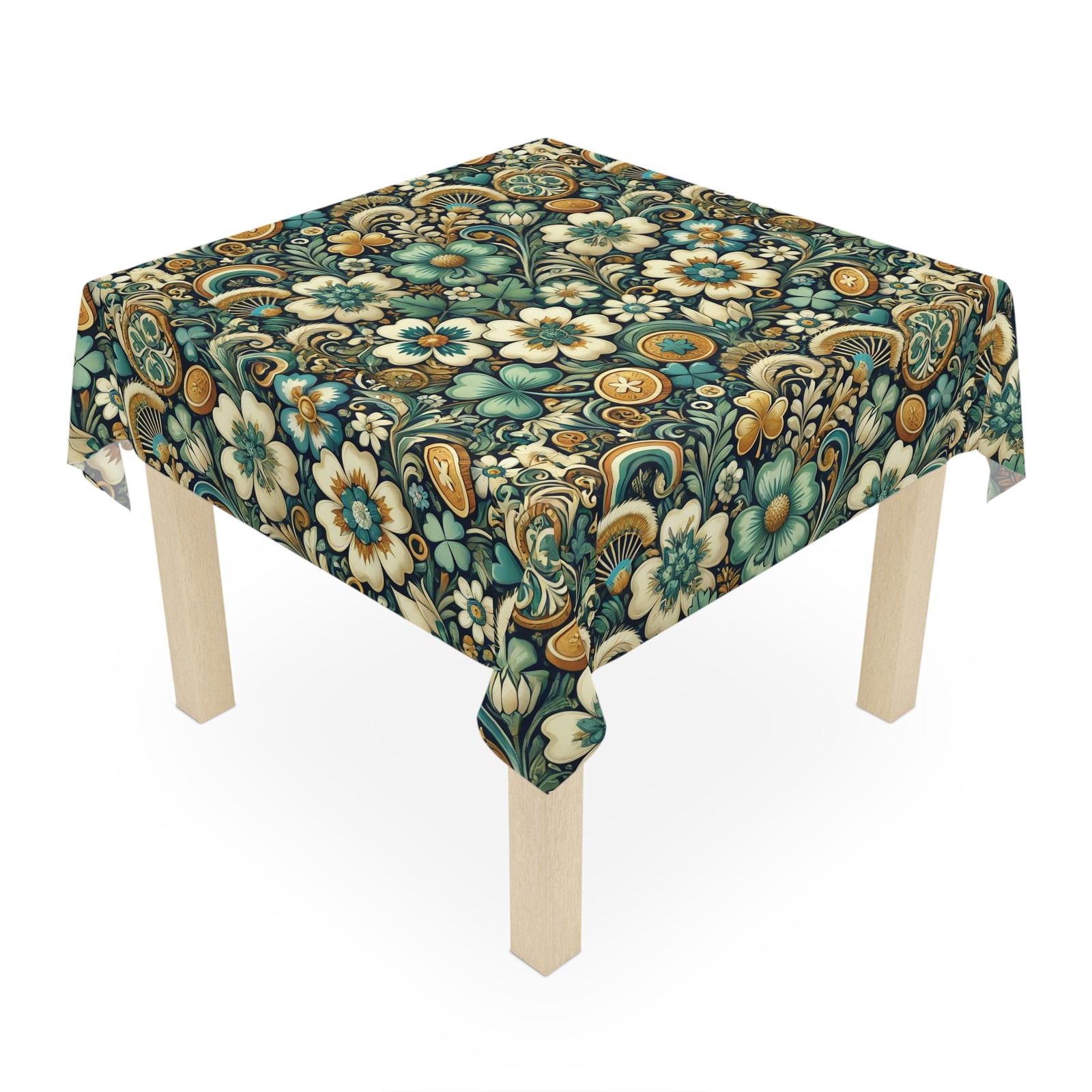 A white Floral Tablecloth with a vibrant floral design in teal, gold, cream, and brown covers a square table with light wooden legs—perfect for adding festive charm to your holiday decor.