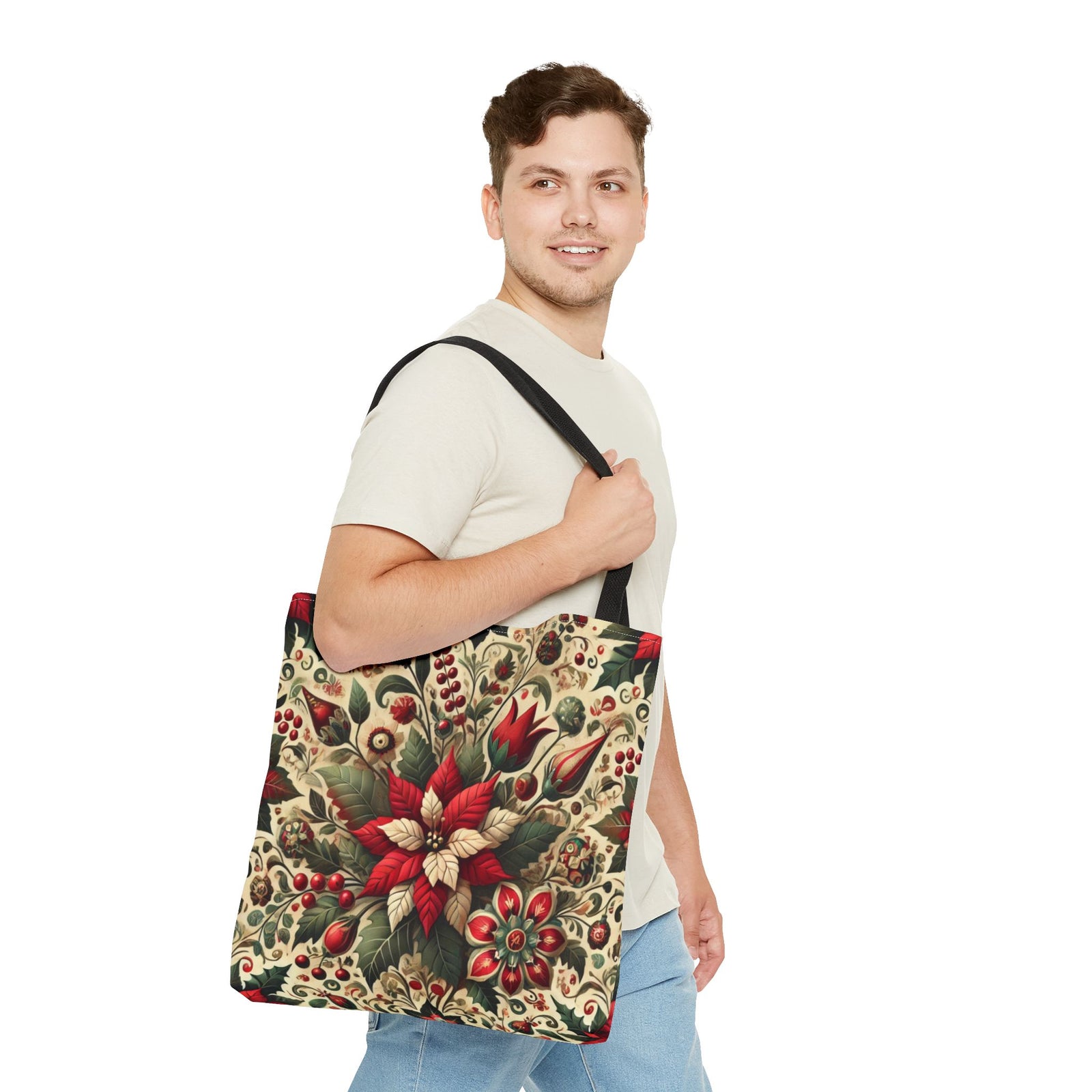 Christmas Poinsettia Floral Art Holiday Tote Bag