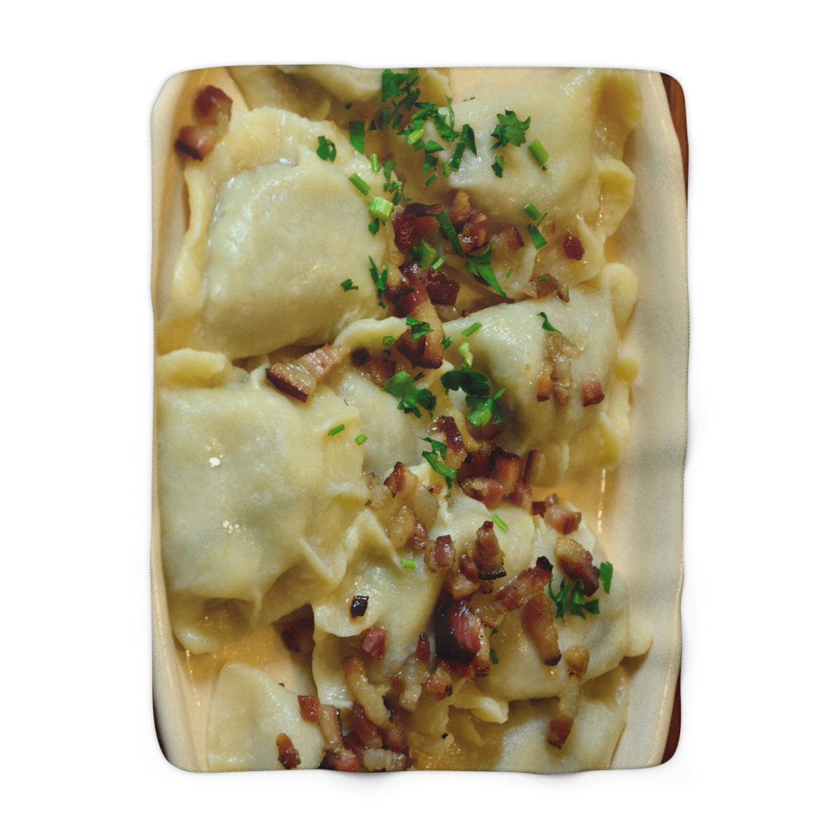 Cuddle up with the Plate of Pierogi Sherpa Fleece Blanket, featuring a cozy design inspired by dumplings topped with parsley and crispy bacon—comfort food imagery on a plush, soft blanket for ultimate relaxation.