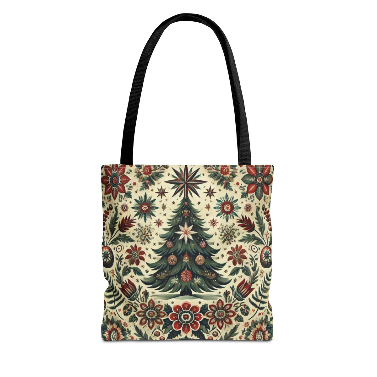 The Vintage Christmas Tree Retro Tote Bag in black features a festive Christmas tree design with red, green, and cream floral patterns and stars on a beige background.