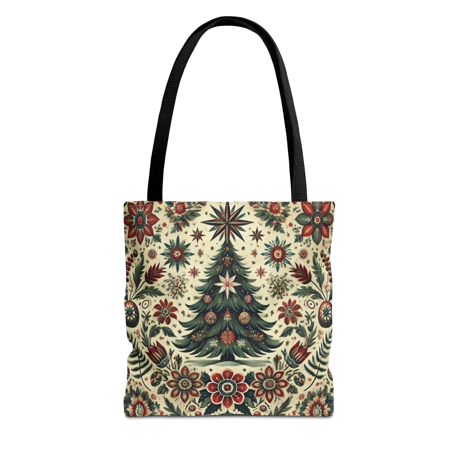 The Vintage Christmas Tree Retro Tote Bag in black features a festive Christmas tree design with red, green, and cream floral patterns and stars on a beige background.