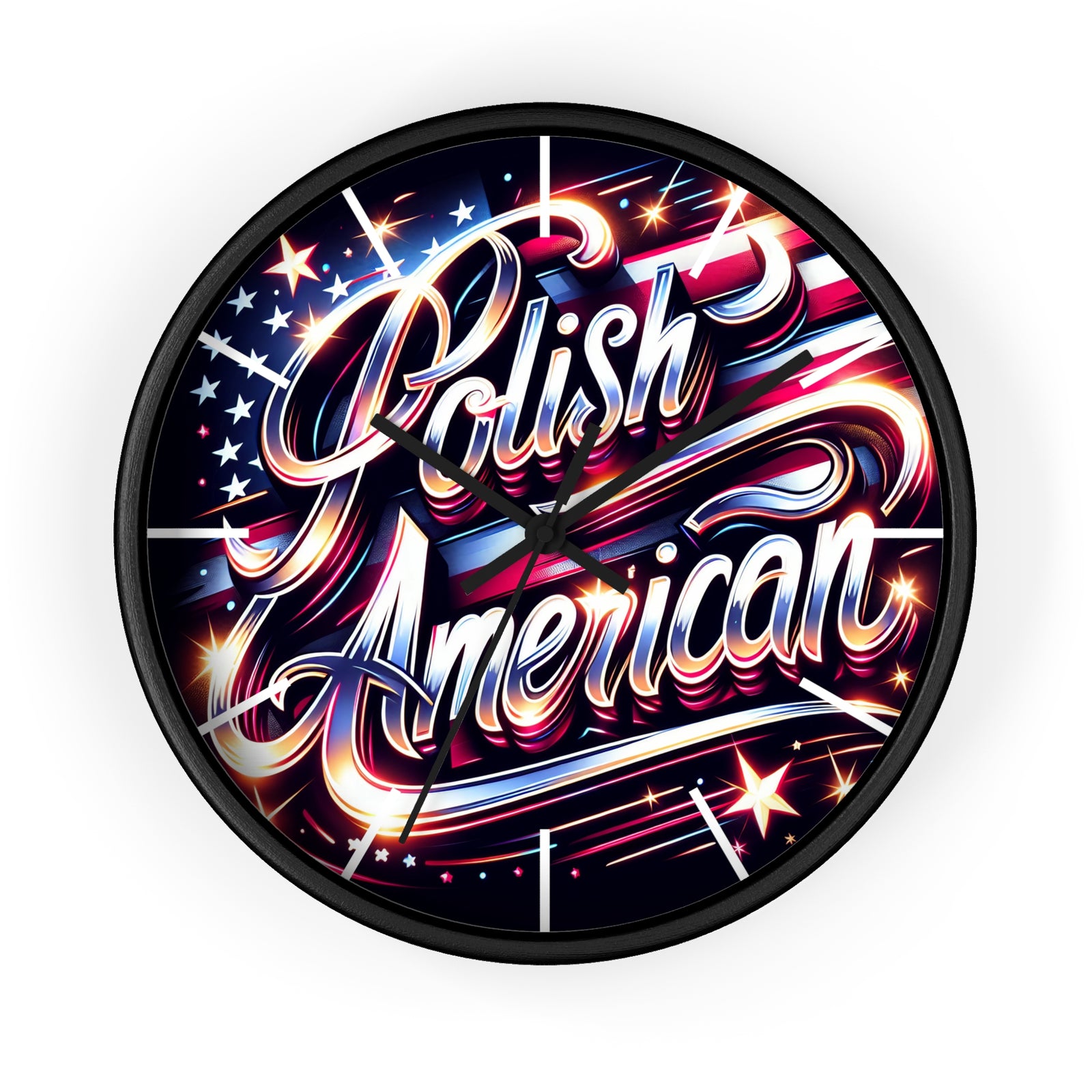 The Polish American Pride Wall Clock features a vibrant design with "Polish American" in bold script over a waving flag and starburst, set on a black base—perfect cultural decor to celebrate your heritage.