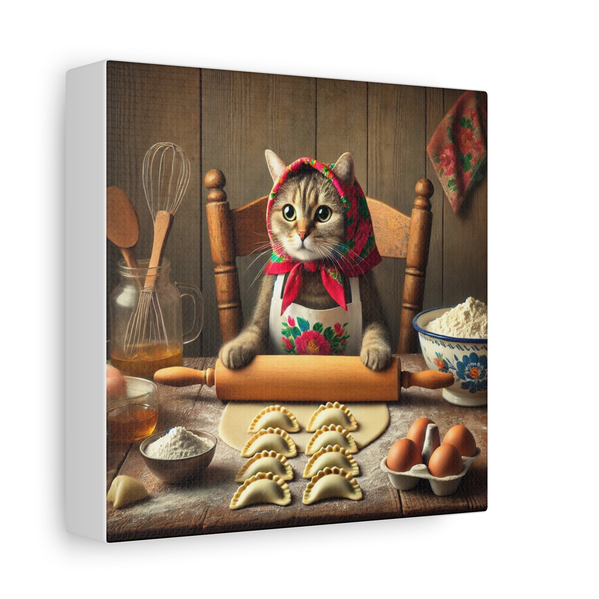 Babushka Cat Making Pierogi Matte Canvas, Stretched, 1.25"