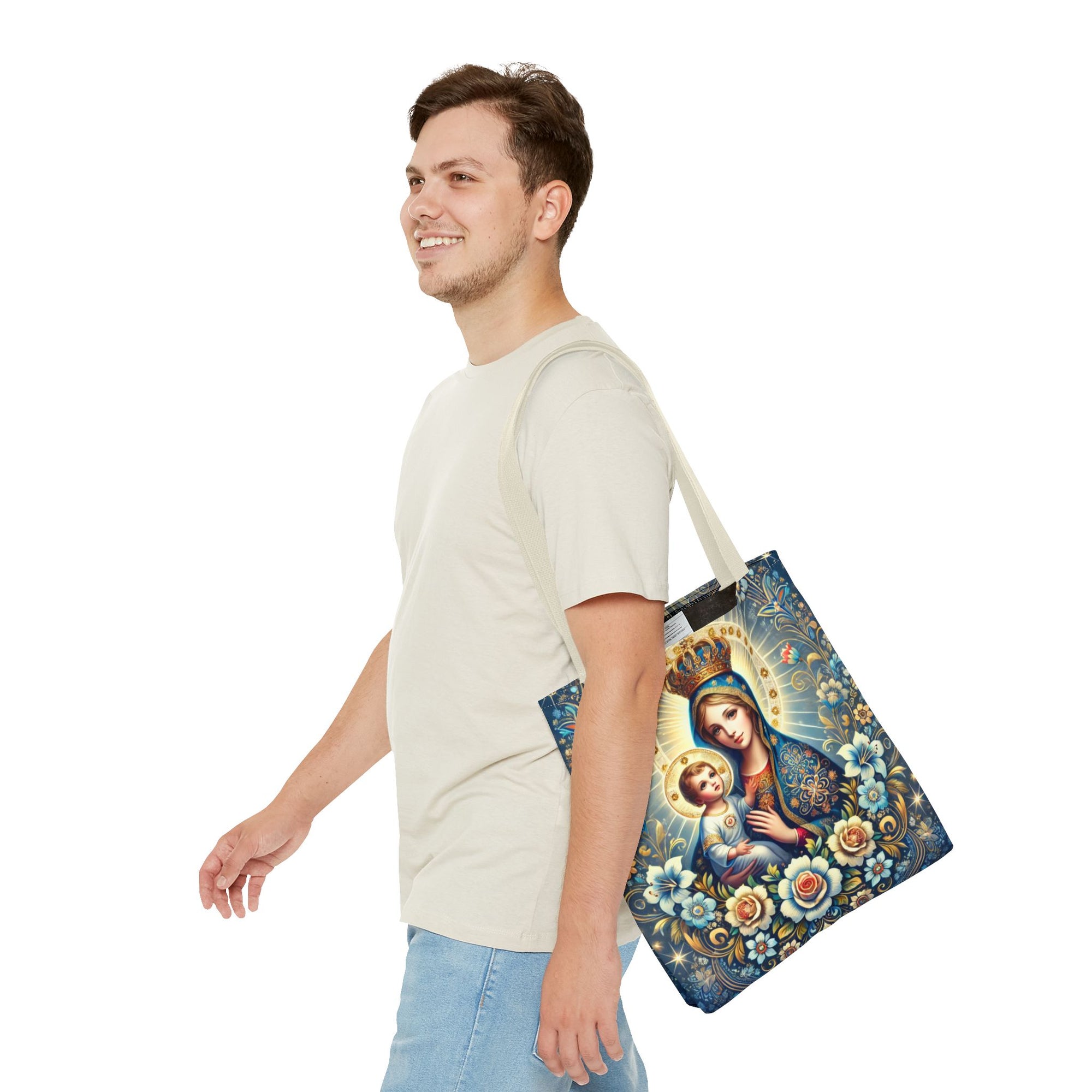 Virgin Mary Baby Jesus Floral Folk Art Tote Bag