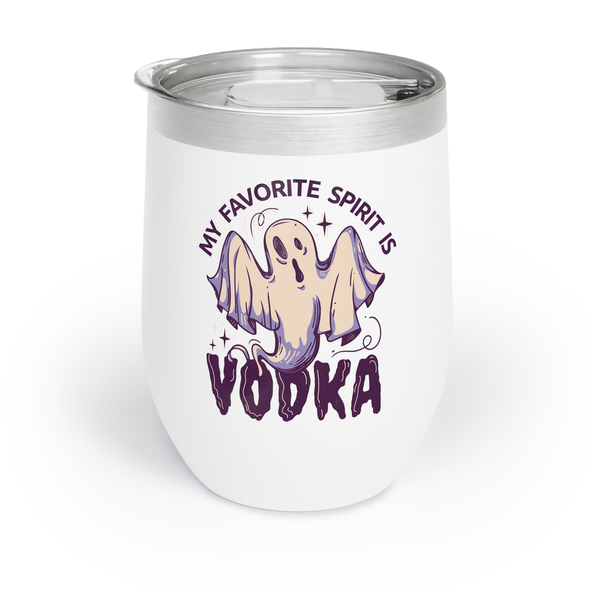 The white &quot;My Favorite Spirit is Vodka Wine Tumbler&quot; features a cartoon ghost, purple lettering, and comes with a clear lid plus metallic rim for stylish sipping.