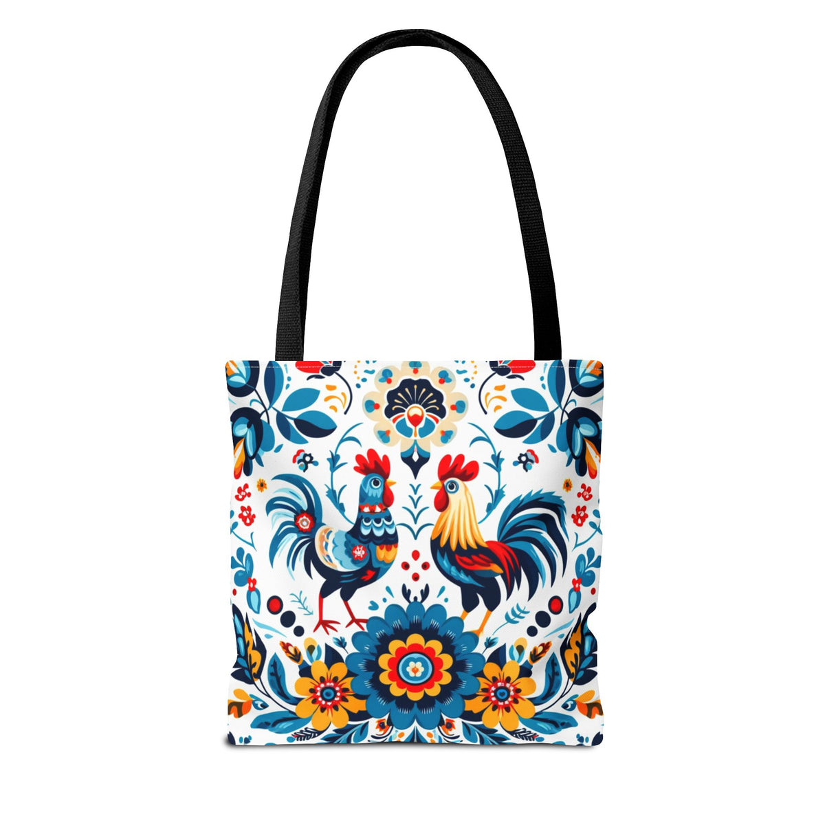 The Vibrant Polish Chicken Pattern Floral Design Tote Bag features black handles and showcases colorful folk art with two roosters, vibrant flowers, and leaves in red, blue, yellow, and teal on a durable polyester tote.