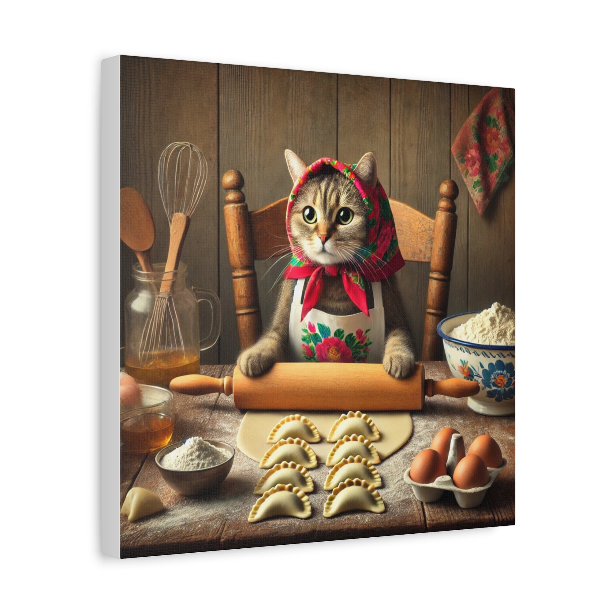 Babushka Cat Making Pierogi Matte Canvas, Stretched, 1.25"