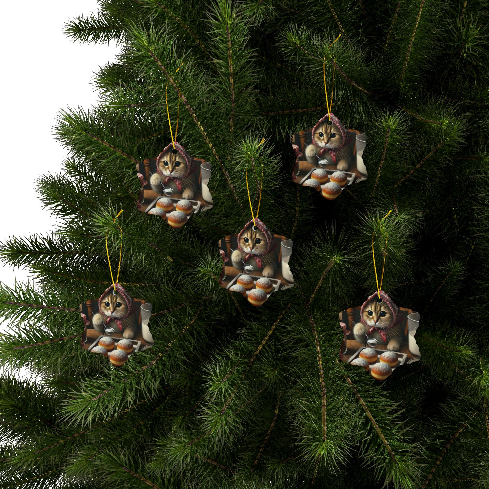 Babushka Cat Making Paczki Ceramic Ornaments