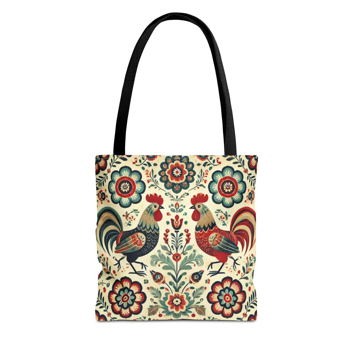 The Polish Rooster Retro Themed Tote Bag is a durable black polyester tote featuring a vibrant folk art design with two roosters facing each other, surrounded by decorative flowers and leaves.