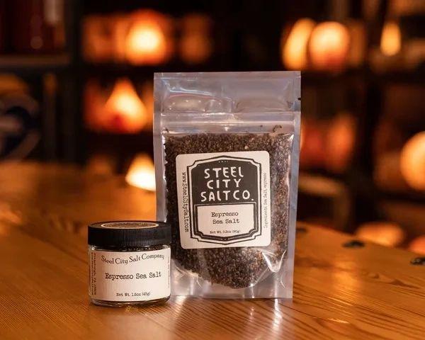 A jar and a resealable bag of Espresso Salt, a bold sea salt ideal for gourmet grilling, rest on a wooden surface with a softly lit, blurred background.
