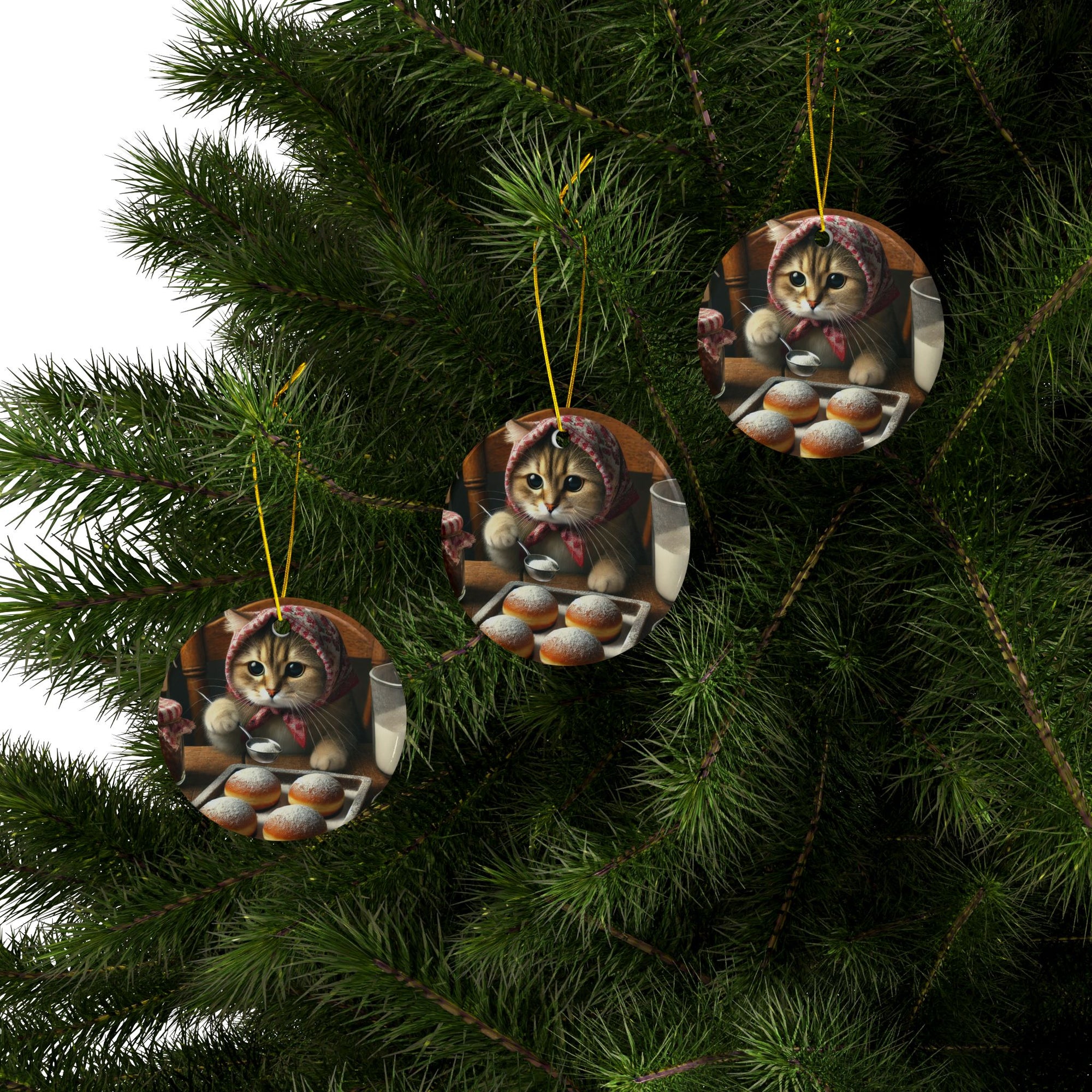 Babushka Cat Making Paczki Ceramic Ornaments
