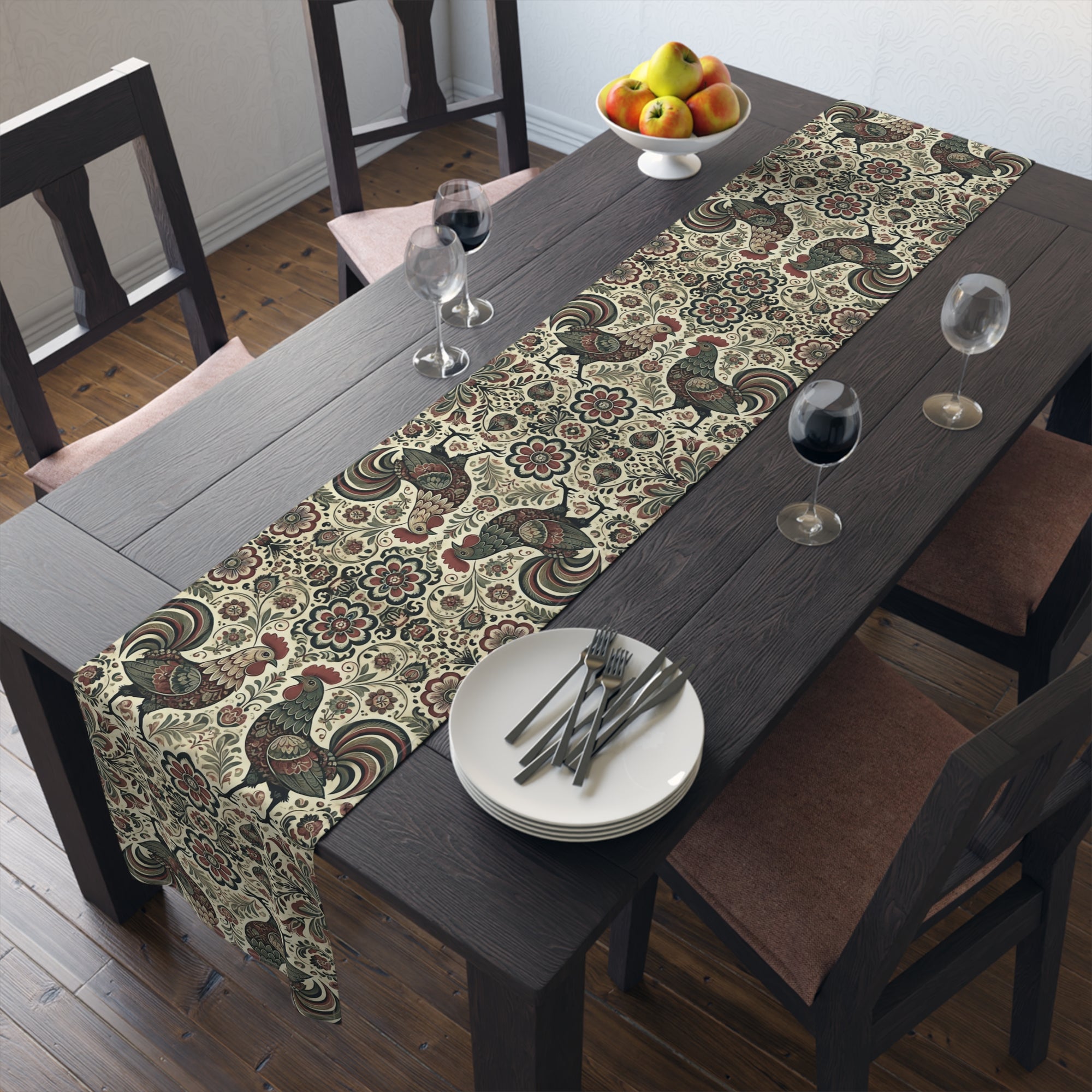 Retro Themed Polish Wycinanki Rooster Floral Table Runner