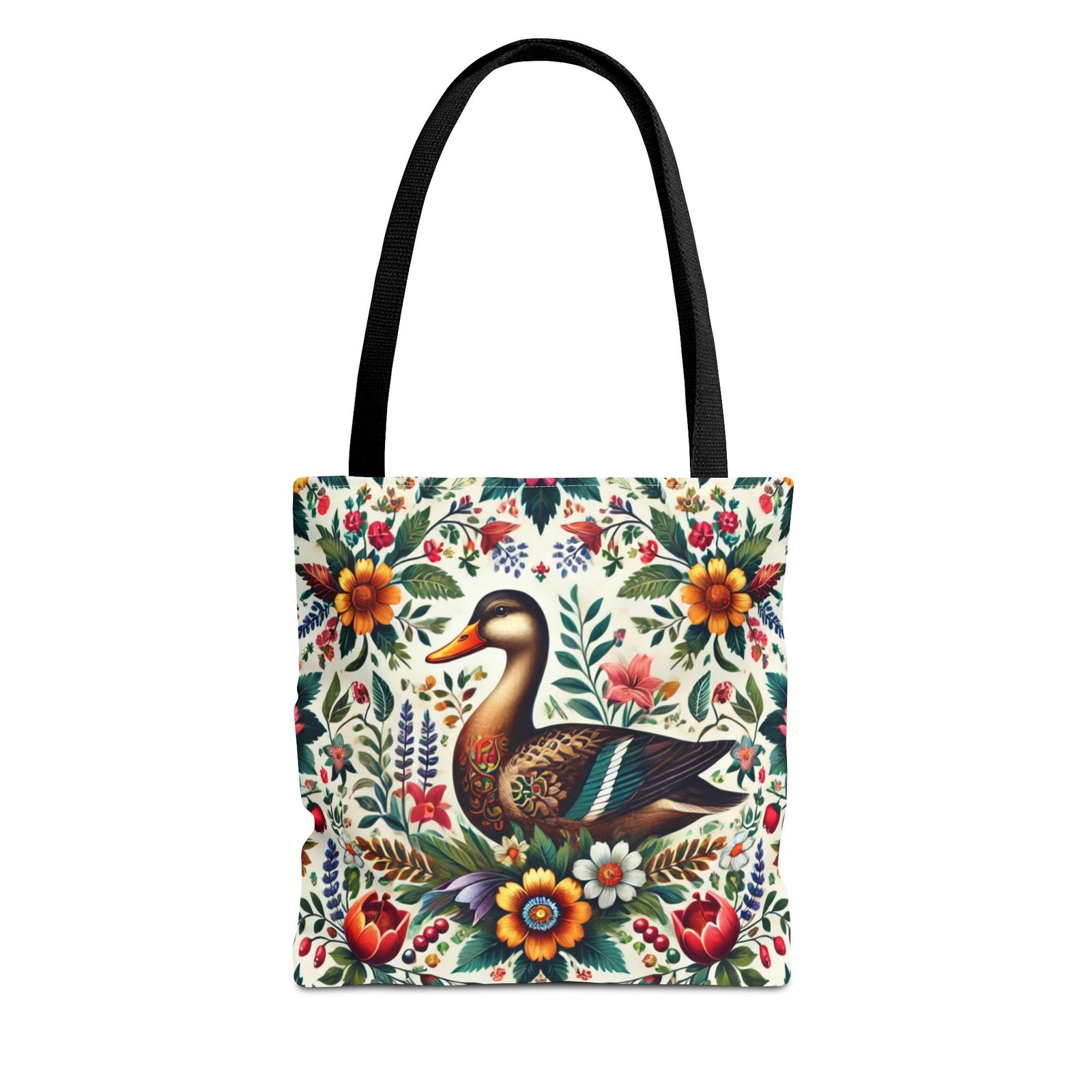 The Duck Folk Art Floral Tote Bag in black features a colorful duck surrounded by vivid floral and leafy patterns—an ideal all-over print tote for everyday use.